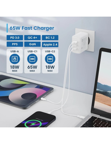 ewent Cargador de Pared | 1xUSB A + 2xTipo-C | 65W