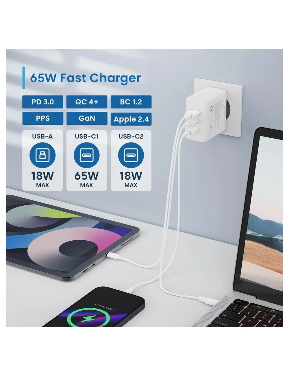 ewent Cargador de Pared | 1xUSB A + 2xTipo-C | 65W