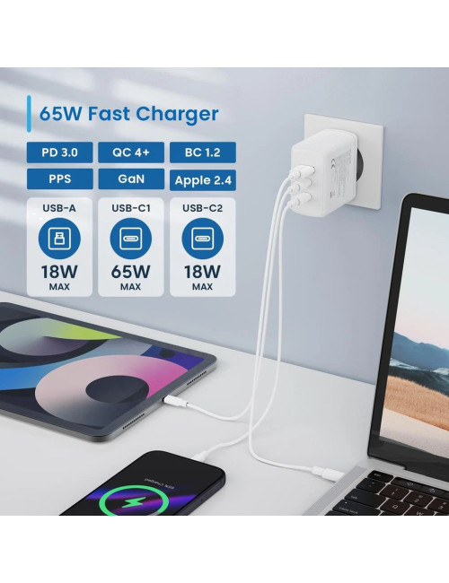ewent Cargador de Pared | 1xUSB A + 2xTipo-C | 65W