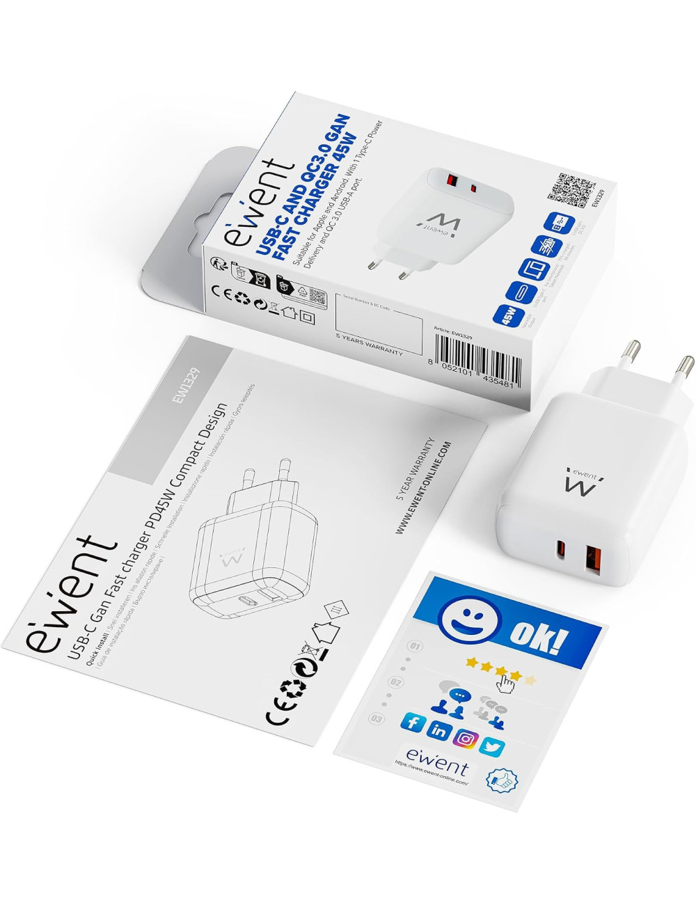 ewent Cargador de Pared | 1xUSB A + 1xTipo-C | 45W